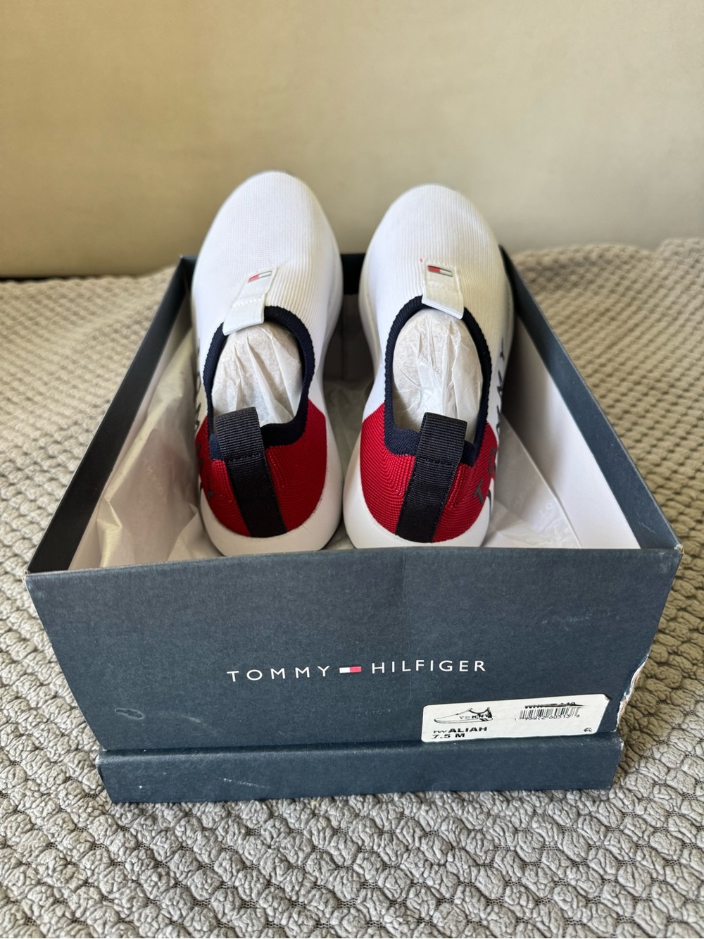 Tommy Hilfiger Ladies 7.5 White, Red & Navy Slip-On Knit Sneakers